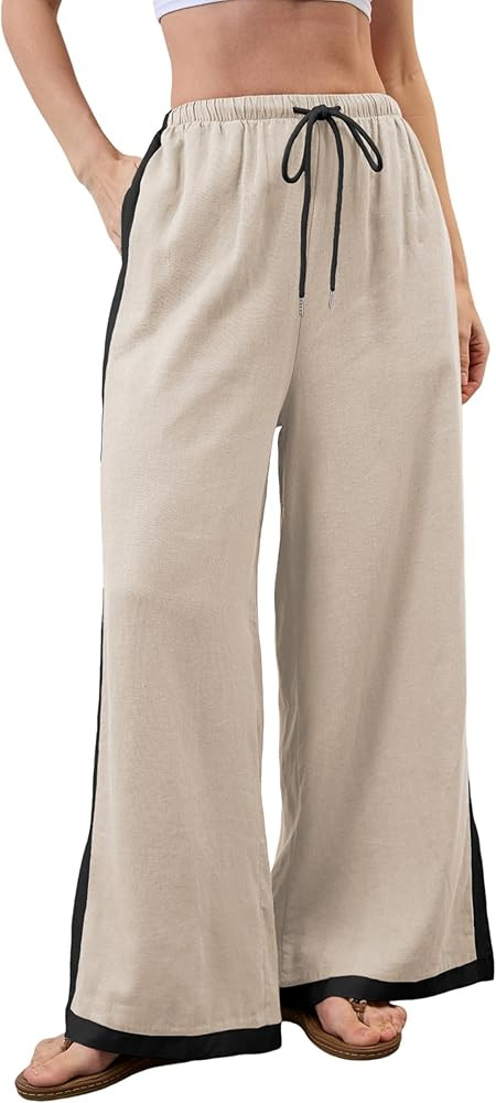Lentta Womens Linen Wide Leg Pants Side Striped Palazzo Pants Beach Pants with Pockets Lounge Vac... | Amazon (US)
