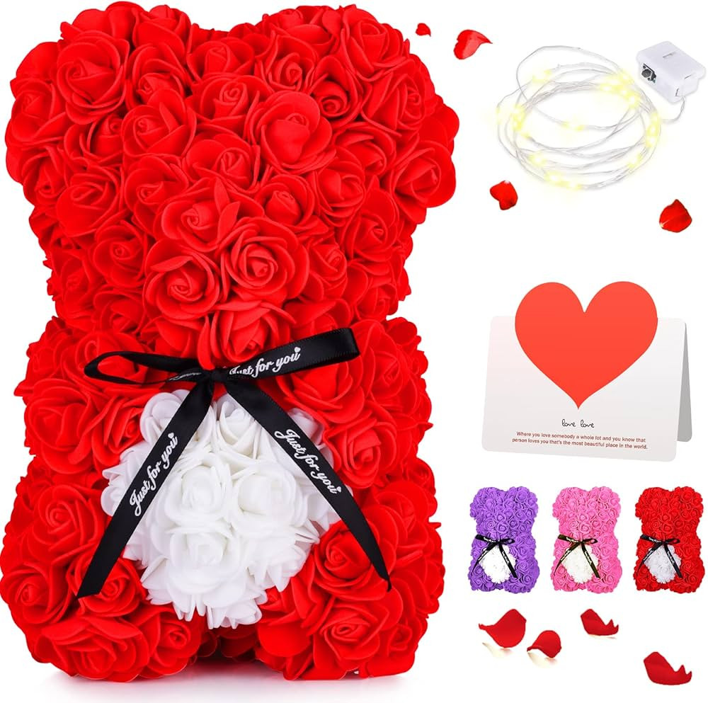 Rose Bear with Box -Artificial Flowers Rose Teddy Bear- The Rose Bear with Greeting Card-Valentin... | Amazon (US)