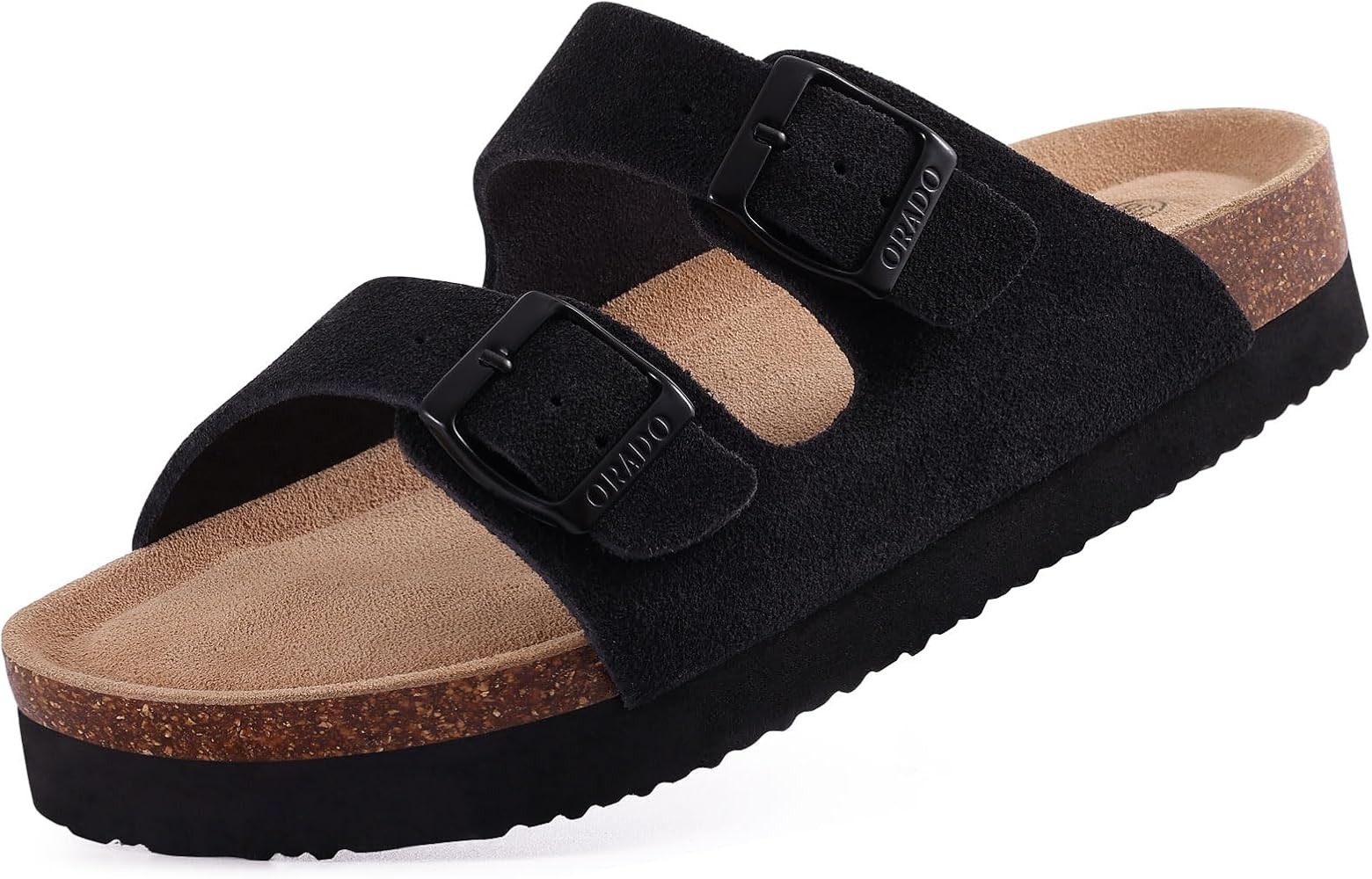 Platform Suede Sandals Soft Cork Footbed Summer Slides with Adjustable Buckle, Black 41 (size 10) | Amazon (US)