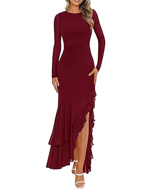 BTFBM Women's Maxi Dresses Fall 2025 Long Sleeve Ruched Bodycon Solid Ruffle Mermaid Cocktail Wed... | Amazon (US)