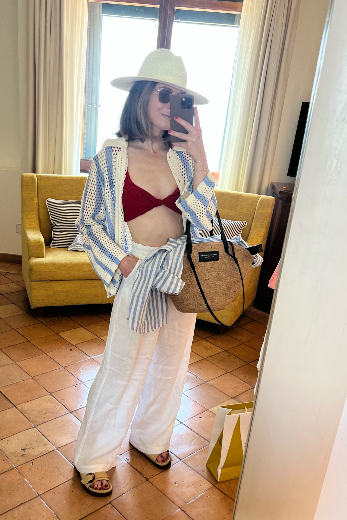 Red Hunza g bikini 
White linen pants splendid KELLY20 to save - I took my true size, they run oversized!
Sezane sandals
Vehla sunglasses
Open knit cardigan old and other stories 
Hat hat attack 

#LTKtravel #LTKstyletip #LTKswim