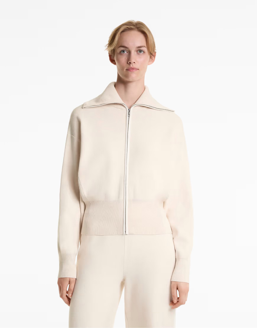 OYSHO Knit jacket with high collar and contrasting piping in ivory ecru-Neutral | ASOS (Global)
