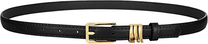 XZQTIVE Women Skinny Leather Belt Ladies Black Thin Waist Belt for Dresses Jeans Pants with Gold ... | Amazon (US)