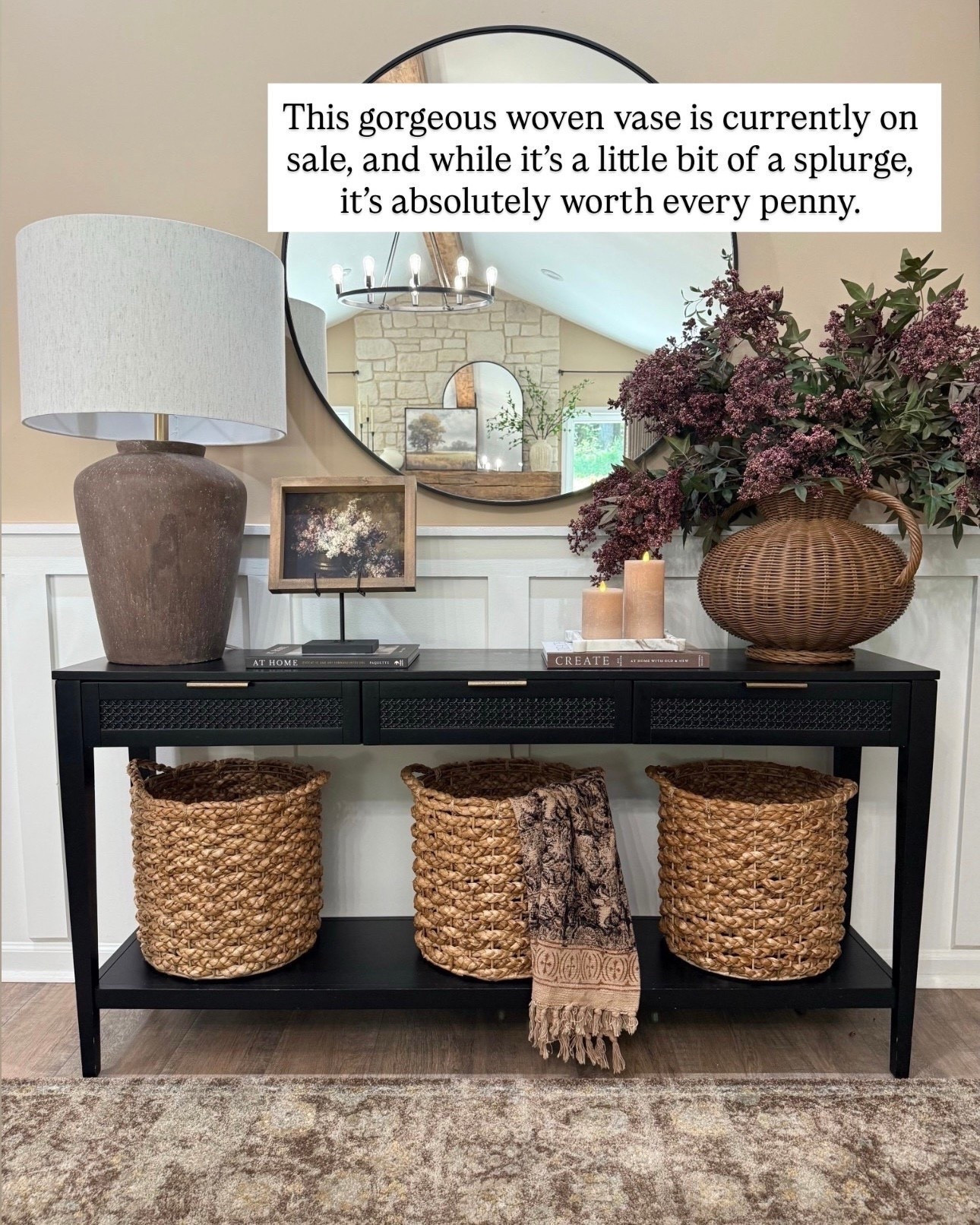 Woven Vase Home Decor | Console Table Styling
Follow @farmtotablecreations on Instagram for more inspiration.

This gorgeous woven vase is currently on sale, and while it’s a little bit of a splurge, it’s truly worth it. The rich texture, oversized shape, and timeless design make it the perfect statement piece for console tables, sideboards, or dining spaces. Styled here with faux florals, it adds instant warmth and dimension—an investment you’ll love for years to come. 

Size large vase shown. 

#consoledecor #wovenbasket #sideboardstyling #livingroomfurniture #homedecorfavorites #ltkhome #mcgeeandco #labordaysale




#LTKSaleAlert #LTKHome