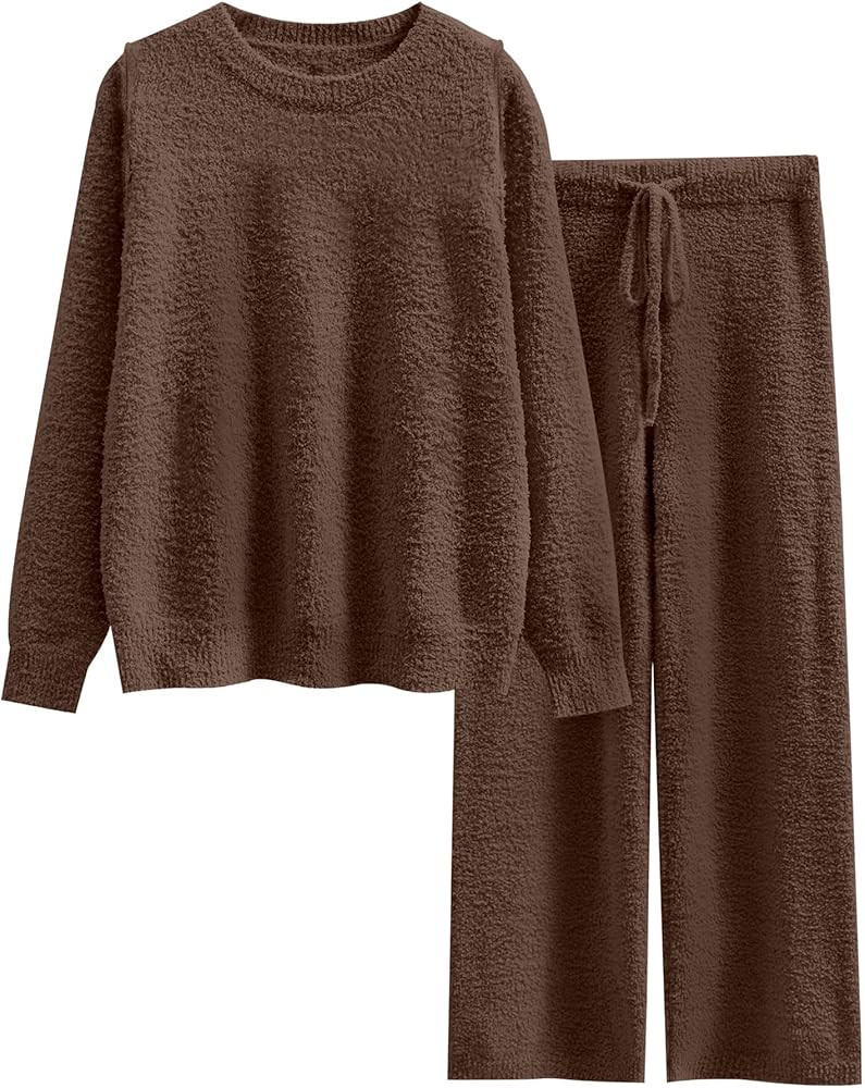 ANRABESS Women's Fuzzy Fleece Pajama Sets 2 Piece Outfits Long Sleeve Top Wide Leg Pants Lounge M... | Amazon (US)