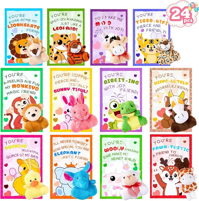 Aurdox 24 Pack Valentines Day Cards for Kids School with Mini Plush Toys & Bags - Stuffed Animal ... | Amazon (US)