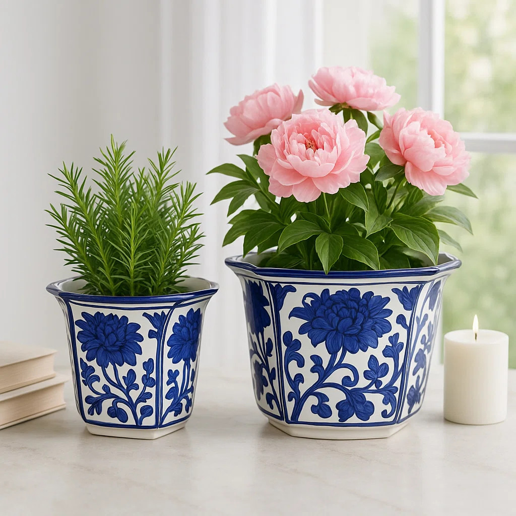Ceramic Set of 2 Fluted Chinoiserie Planters, Exquisite Blue and White, Perfect for Home Decor | Wayfair North America