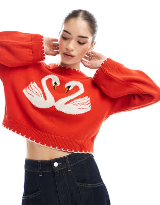 Miss Selfridge blanket stitch swan heart sweater in red | ASOS (Global)