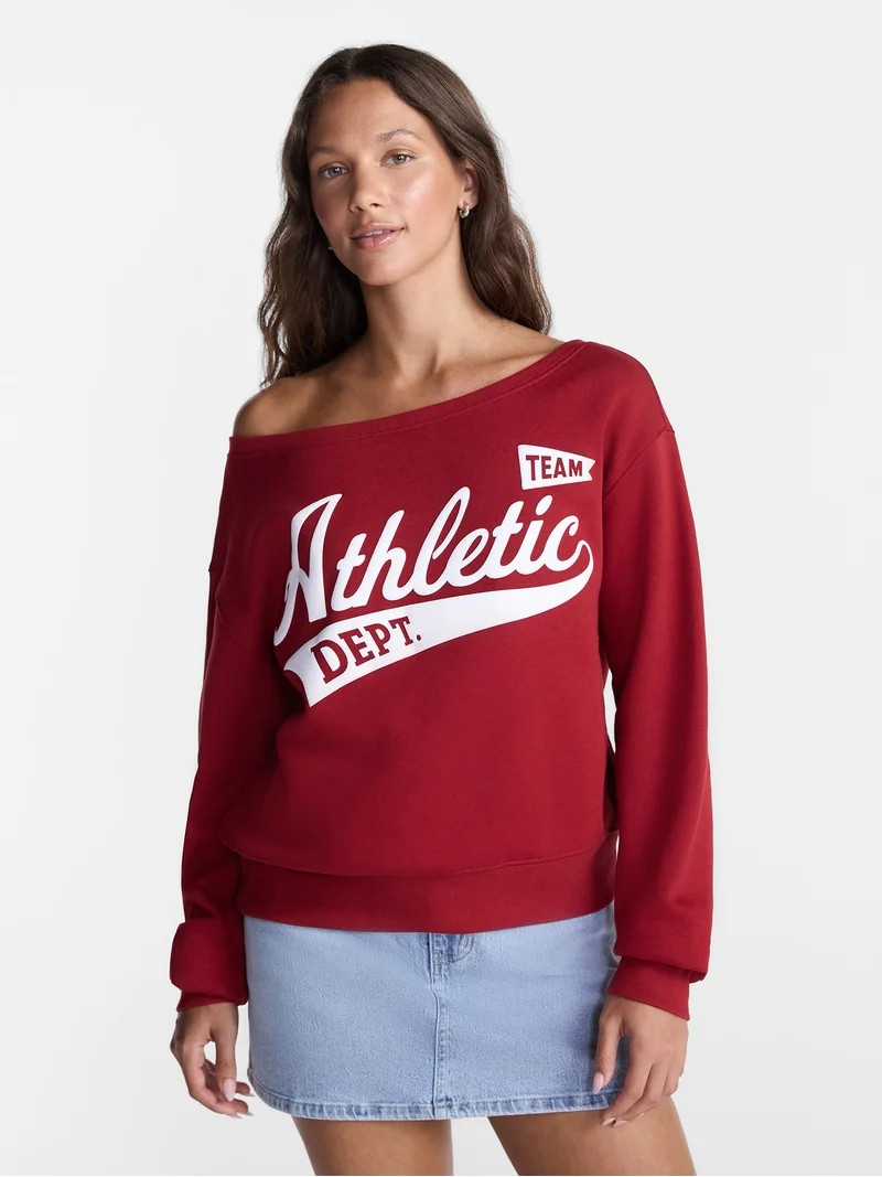 No Boundaries Off Shoulder Sweatshirt with Long Sleeves, Women\u2019s Sizes XXS-4X | Walmart (US)