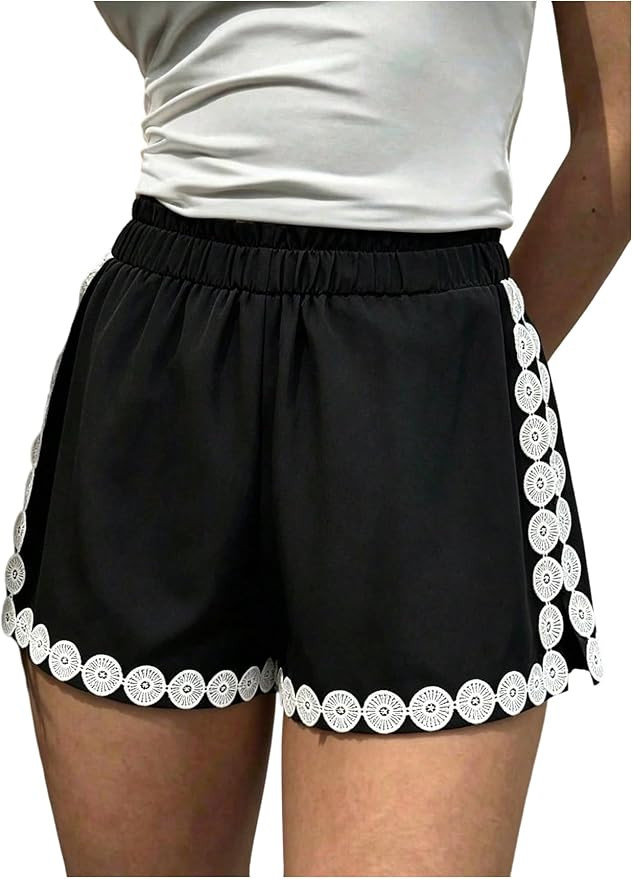 SHENHE Women's Summer Casual Shorts Elastic High Waisted Crochet Embroidered Vacation Shorts | Amazon (US)