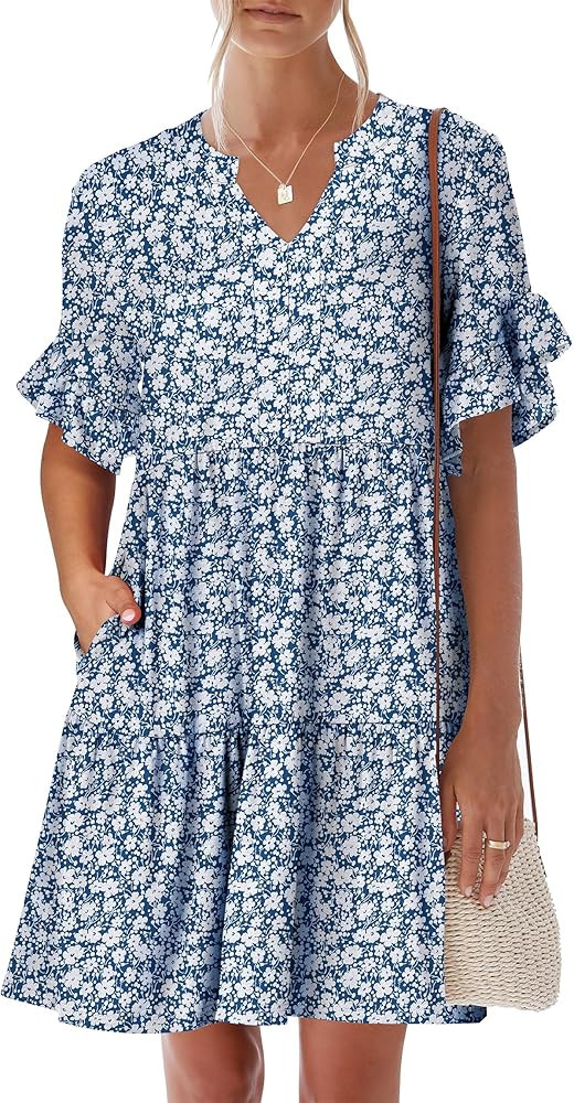 ANRABESS Women's Summer Casual Dress, V-Neck Ruffle Sleeve Tiered Mini Dress, Soft Comfy Fabric w... | Amazon (US)