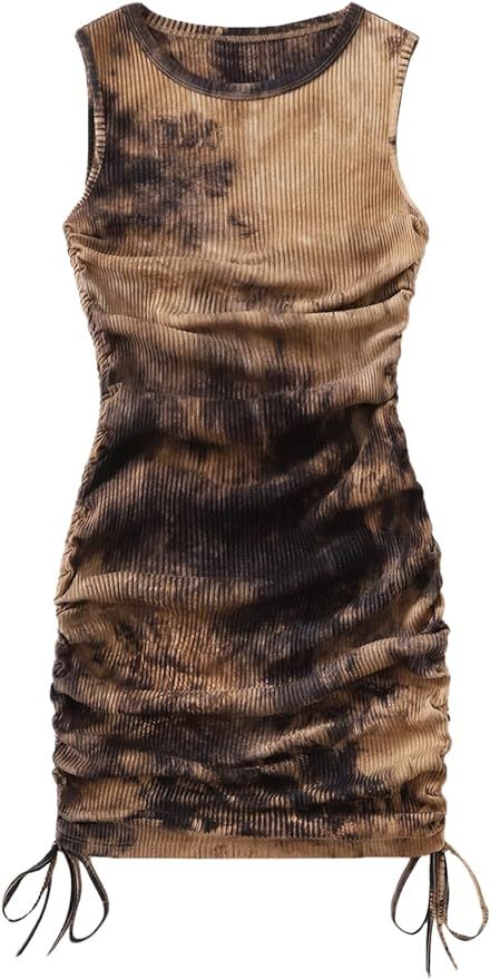 Amazon.com: SheIn Women's Ruched Sleeveless Mini Bodycon Dress Drawstring Tie Side Round Neck Sho... | Amazon (US)