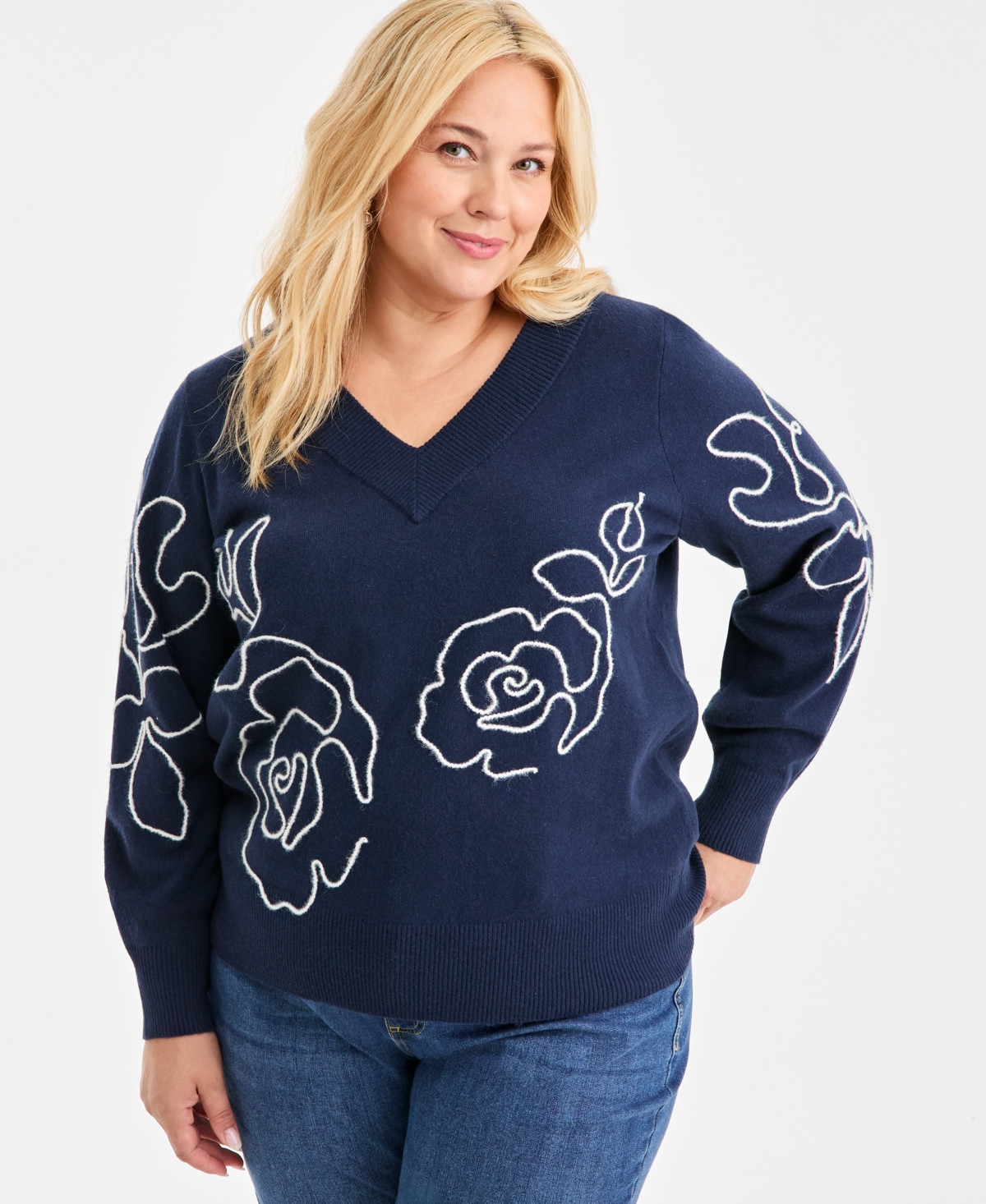 Style & Co Plus Size Embroidered Soutache Sweater, Macy's Exclusive - Industrial Blue Combo | Macy's