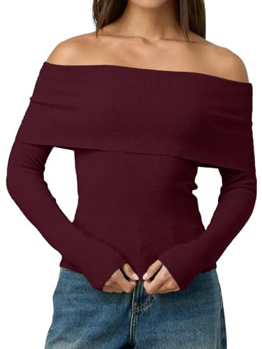 LILLUSORY Womens Off The Shoulder Sweater Fall Long Sleeve Going Out Y2k Tops Winter Date Night Outfits, WineRed, XS | Amazon (US)