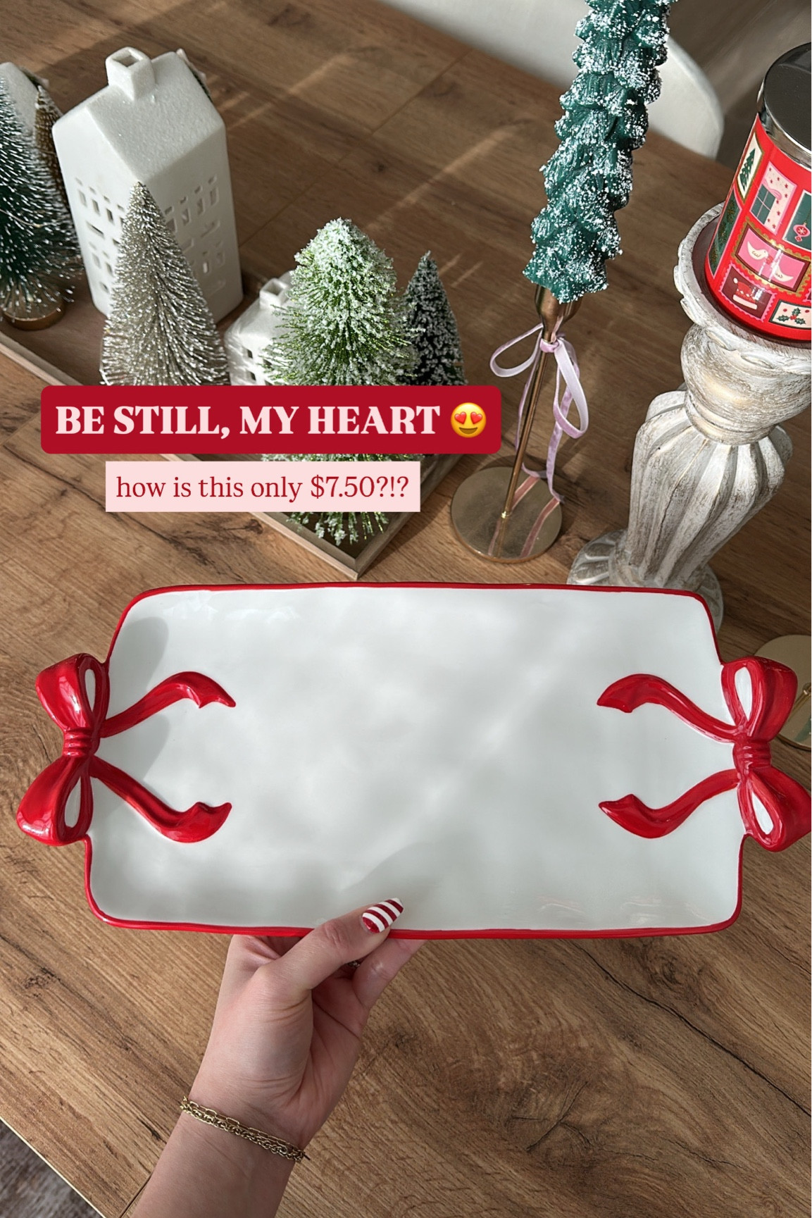 How gorgeous is this red bow serving plate?! On sale for only $7.50! Also comes in black and gold.

Bow tray, bow plate, bow serving platter, holiday platter, valentines day platter, Vday tray 

#LTKHome #LTKFindsUnder50 #LTKSeasonal