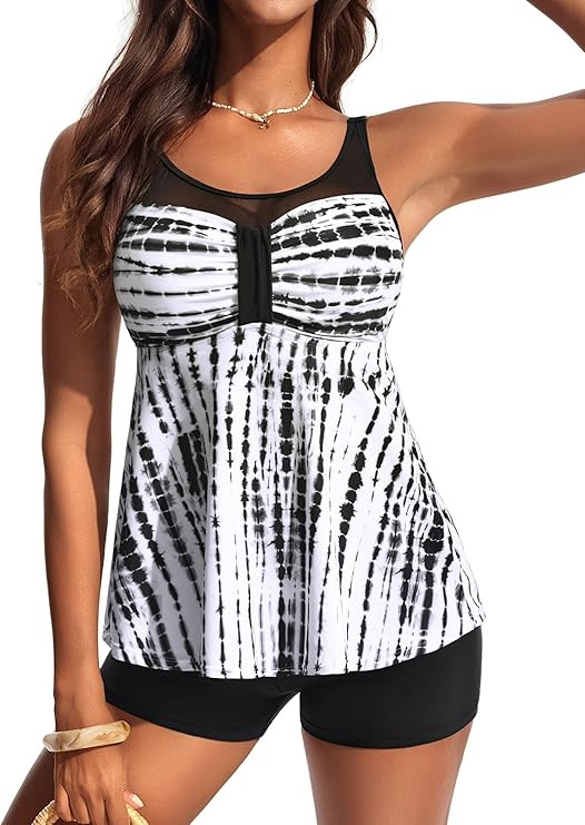 Hanna Nikole Women Two Piece Tankini Swimsuit Modest Bathing Suit Mesh Flowy Swim Top with Tummy ... | Amazon (US)
