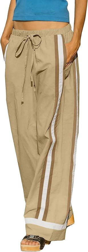 Women's Elastic Waist Wide Leg Trousers Stripe Pants Contrast Colors Casual Mid Rise Sweatpants w... | Amazon (US)