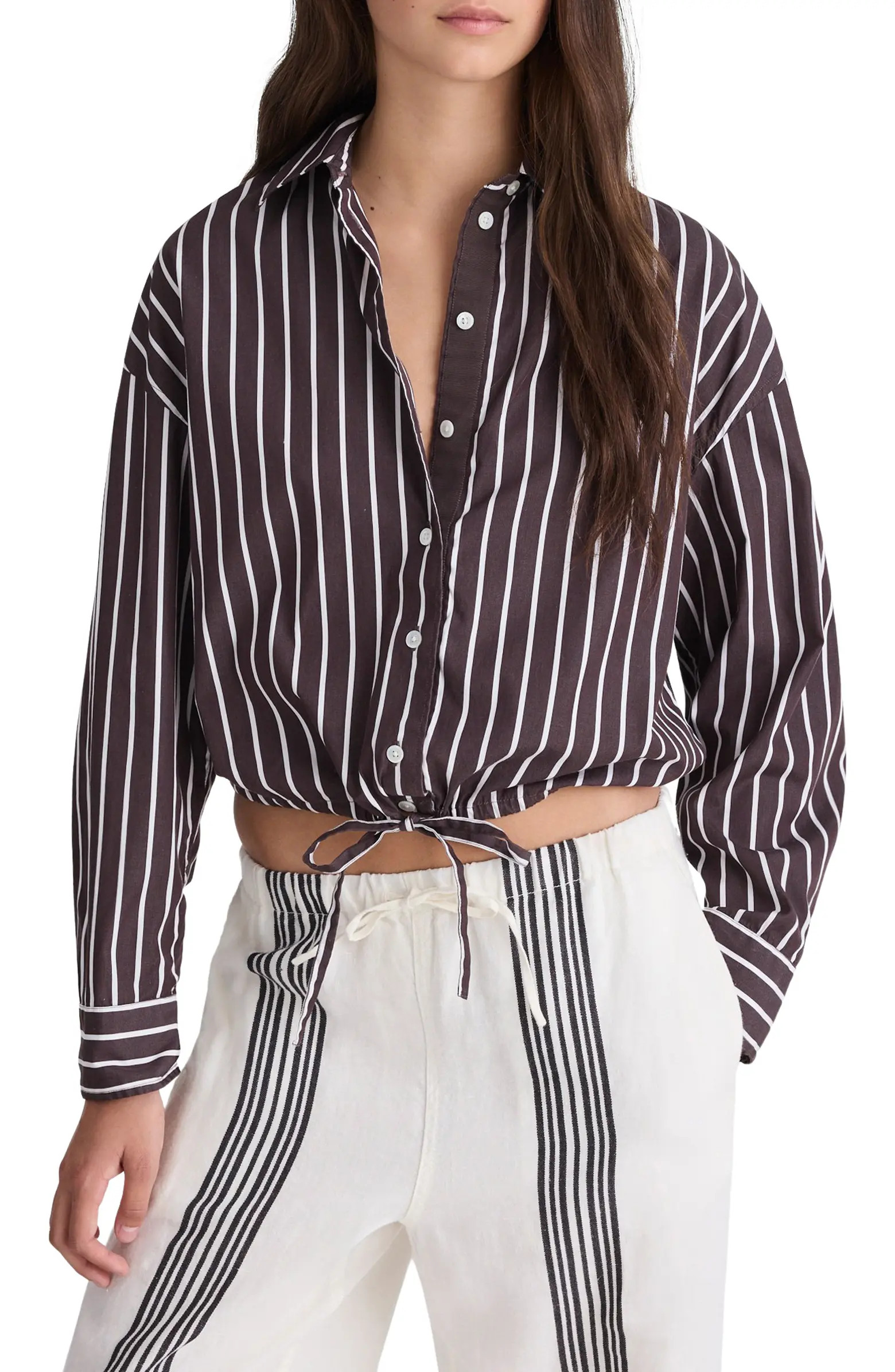 Drawstring Poplin Button-Up Shirt | Nordstrom