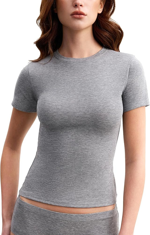 Women's Ultra-Lightweight Wool Short Sleeve Shirts Crew Neck Going Out Tops Fitted Basic Top Summ... | Amazon (US)