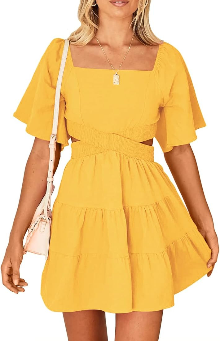 LEANI Womens 2023 Square Neck Cut Out Summer Dress Short Sleeve Crossover Waist Casual Party Mini Dr | Amazon (US)