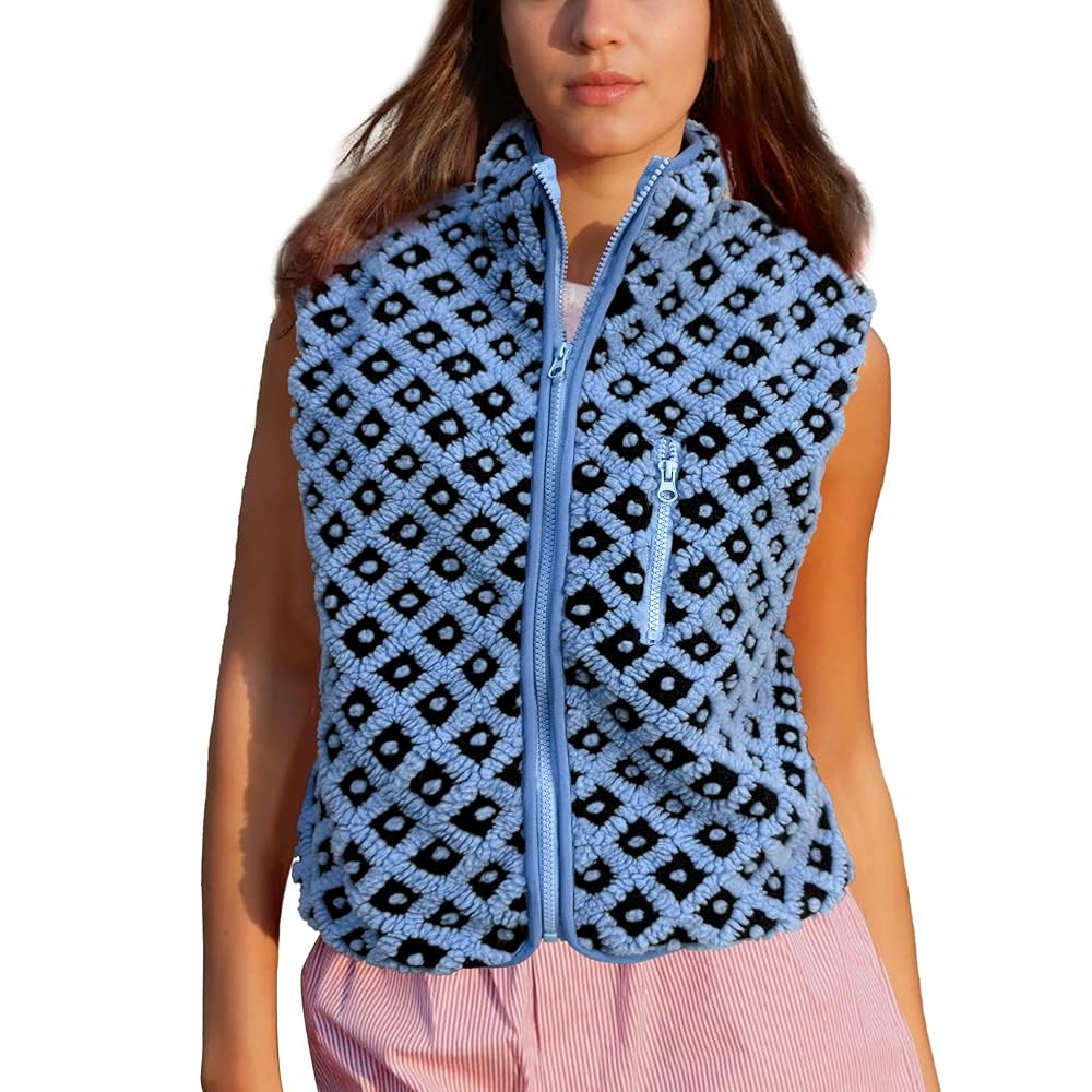 Womens Checkered Sherpa Vest Sleeveless Winter Fleece Jacket High Neck Zip Up Plaid Gilet with Ch... | Amazon (US)