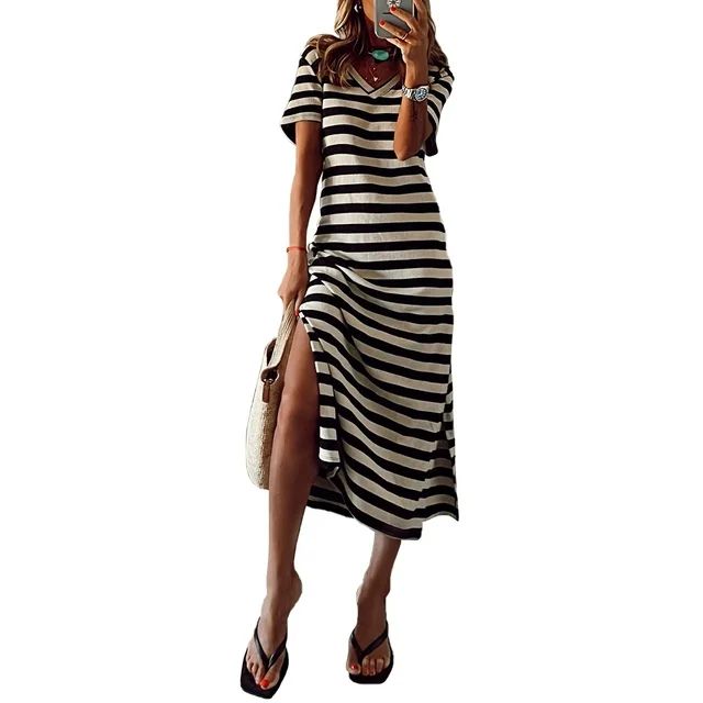 Dokotoo Women's Midi Dresses Striped Print Short Sleeves Casual Dress Fashion Summer Stripe Dress... | Walmart (US)