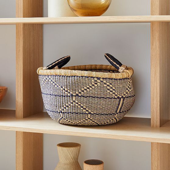 Bolga Baskets - Large Round Two Handle Natural Palette Navy and Natural Check | West Elm (US)