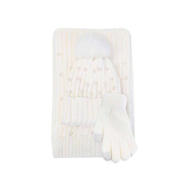 Just Jamie Women Solid Rib Knit With Pearls 3 Pc Gift Set. Hat, Glove And Scarf - Walmart.com | Walmart (US)