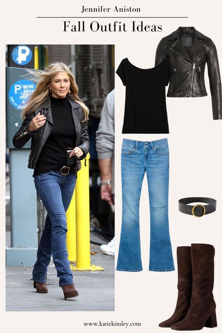 Jennifer Aniston fall outfit idea: flare jeans, brown boots, black shirt, leather jacket, gold buckle belt

#LTKFind #LTKSeasonal #LTKstyletip