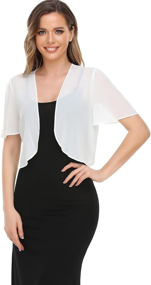 Women Shrug Soft Chiffon Open Front Sheer Short Sleeve Cardigans for Evening Dress | Amazon (US)
