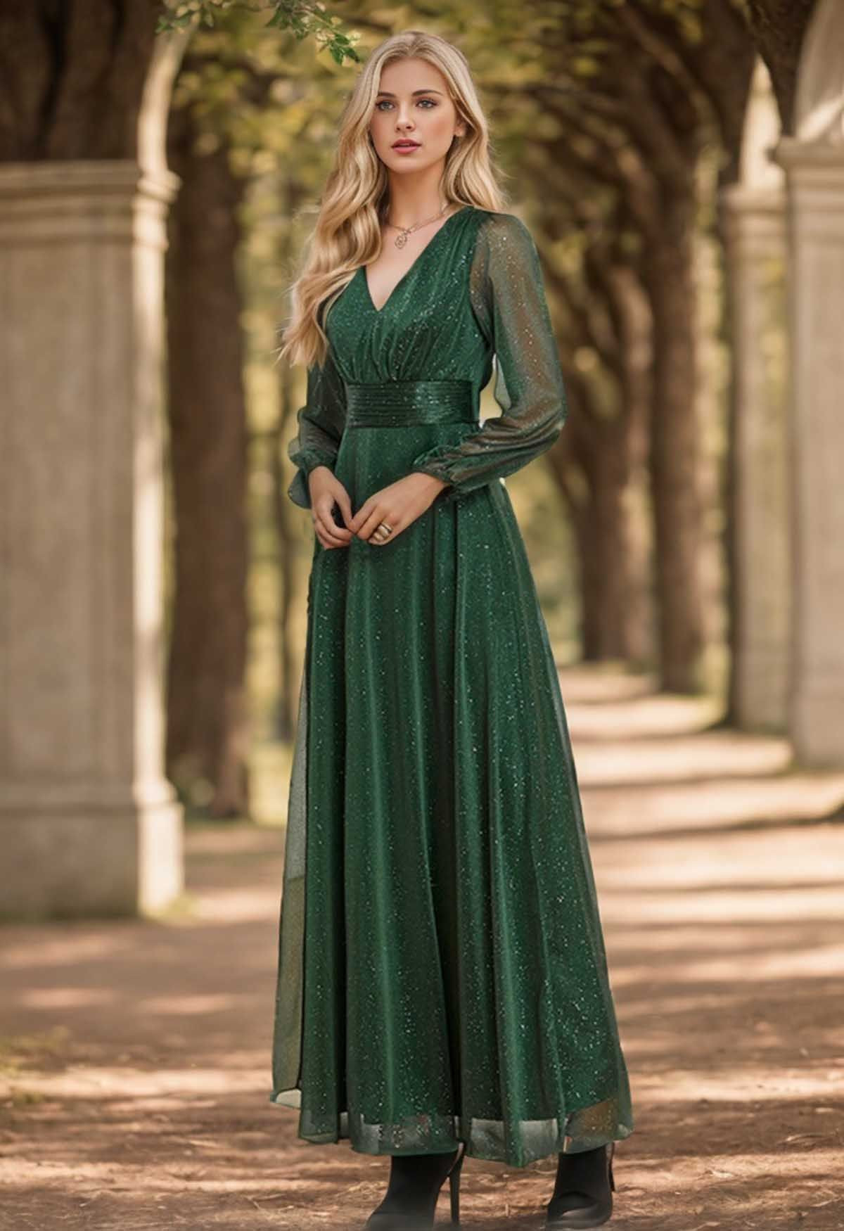 Fantasy Emerald V-Neck Glitter Gown | Chicwish