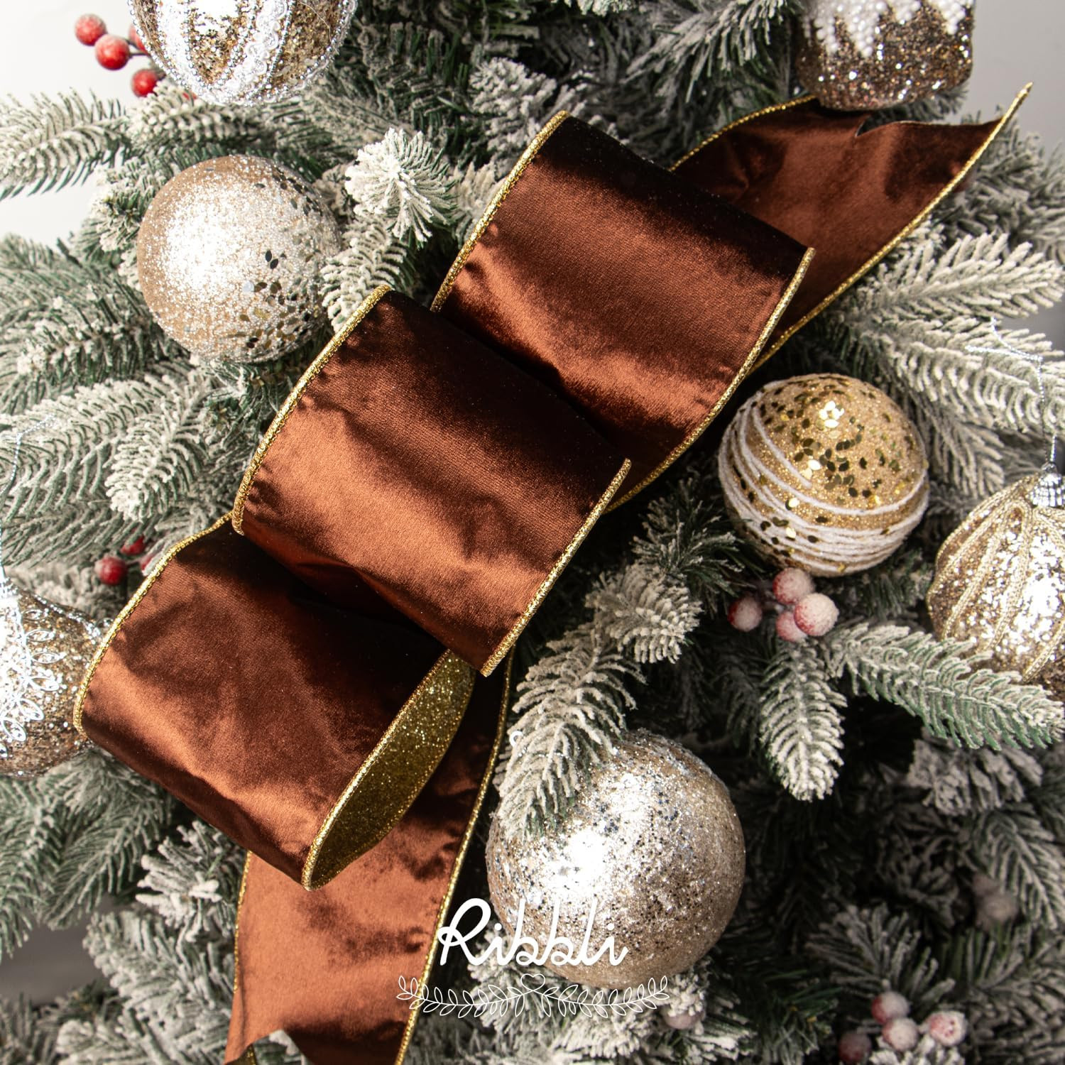 Ribbli Brown Velvet Ribbon Wired 4 Inch Glossy Velvet with Champagne Glitter Christmas Ribbon for... | Amazon (US)