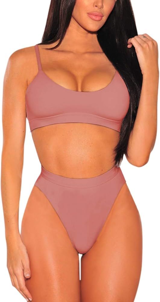 Pink Queen Women's Push Up Pad High Cut High Waisted Cheeky Two Piece Swimsuit | Amazon (US)