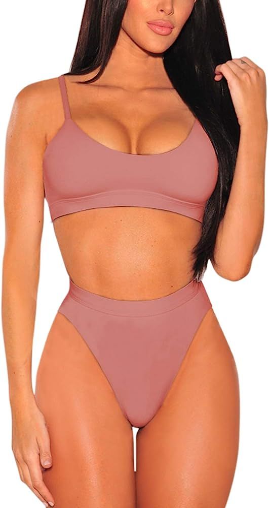 Women's Push Up Pad High Cut High Waisted Cheeky Two Piece Swimsuit | Amazon (US)