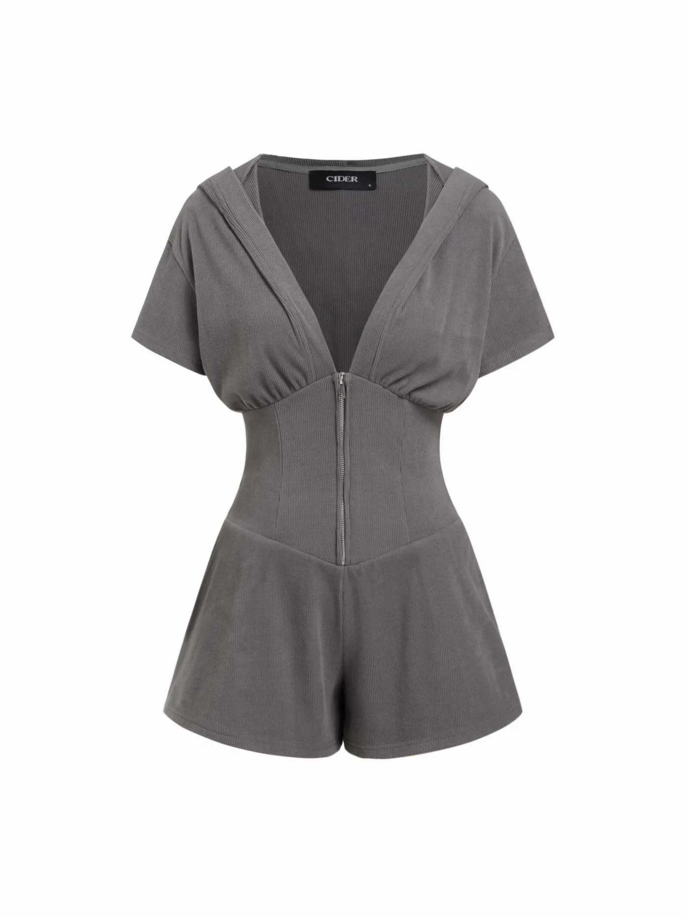 Knit Fabric Textured V-neck Ruched Front Romper For Daily Casual | Cider