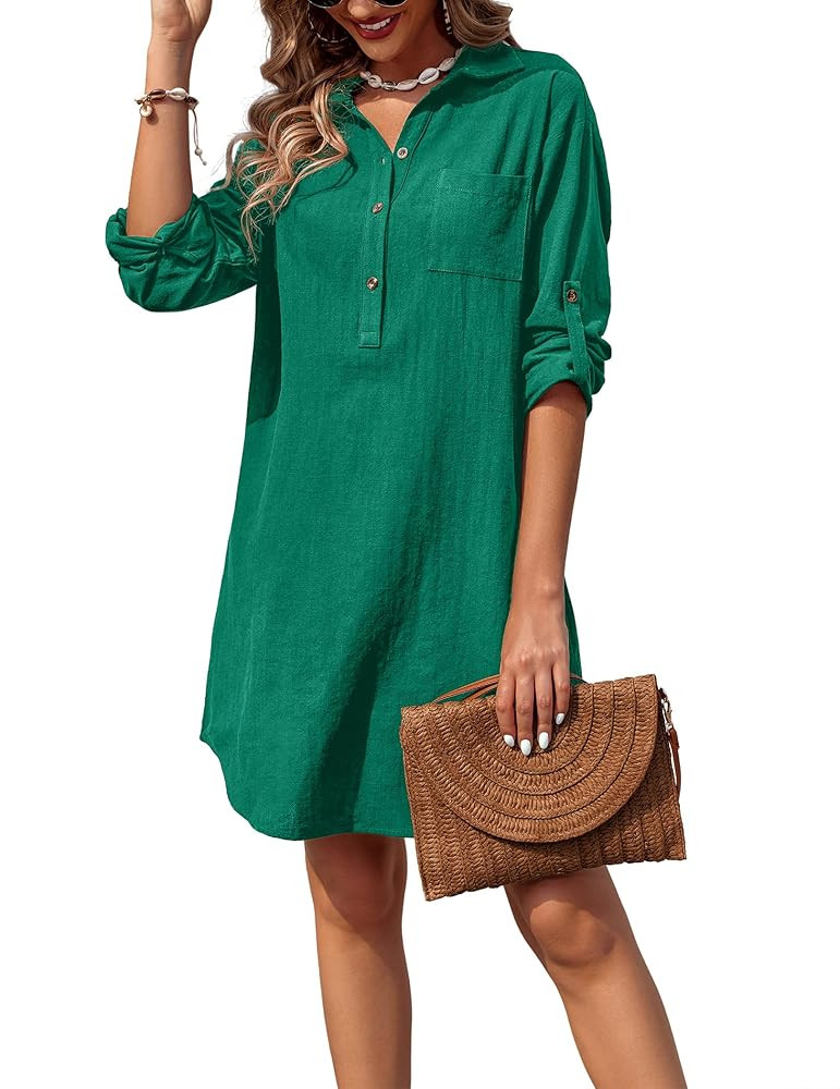 Zeagoo Women Summer Dress Cotton Linen Shirt Dress Button Down Tunic Dress Beach Cover Up Dress | Amazon (US)