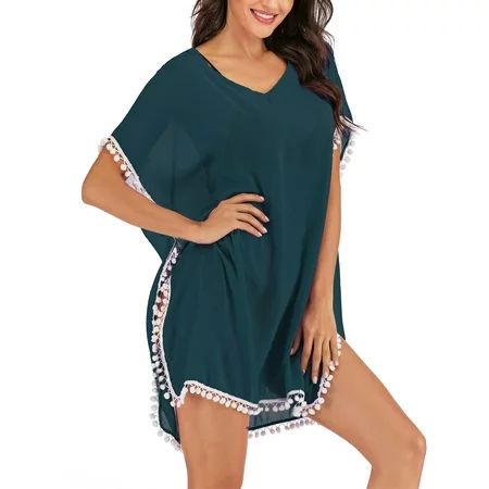 DODOING Women's Loose Swimsuit Cover Up Swimwear Chiffon Pom Pom Swimsuit Bathing Suit Cover Up Beac | Walmart (US)