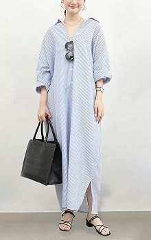 chouyatou Women's Casual Long Sleeve Button Down Loose Striped Cotton Maxi Shirt Dress | Amazon (US)