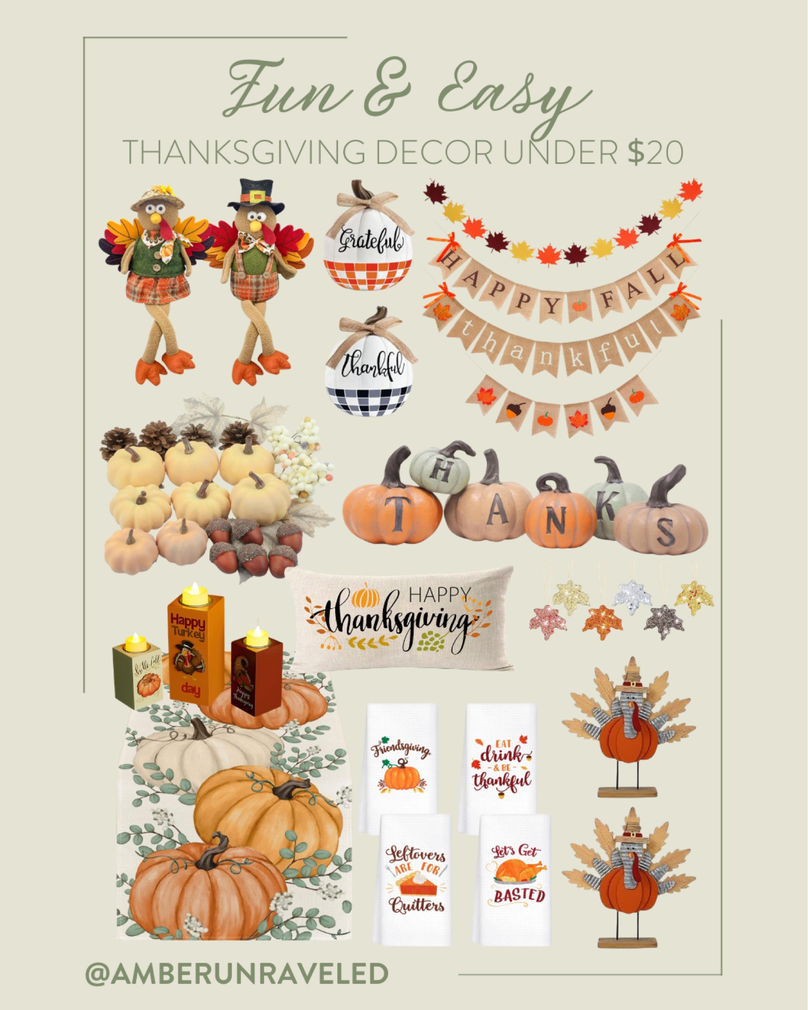 With Thanksgiving is just around the corner, here are some fun and easy festive decor pieces from Amazon that are all under $20: pumpkin letter decorations, bunting flags, pre-lit candles, a rectangular throw pillow, table napkins, and more!
#affordablefinds #partyidea #tablescapeinspo #autumnvibes

#LTKHome #LTKSeasonal #LTKFindsUnder50