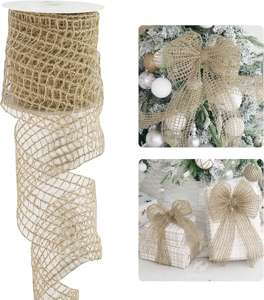 HUIHUANG Burlap Wired Ribbon 4 inch Burlap Ribbon for Christmas Tree Jute Mesh Wire Ribbon for Fa... | Amazon (US)