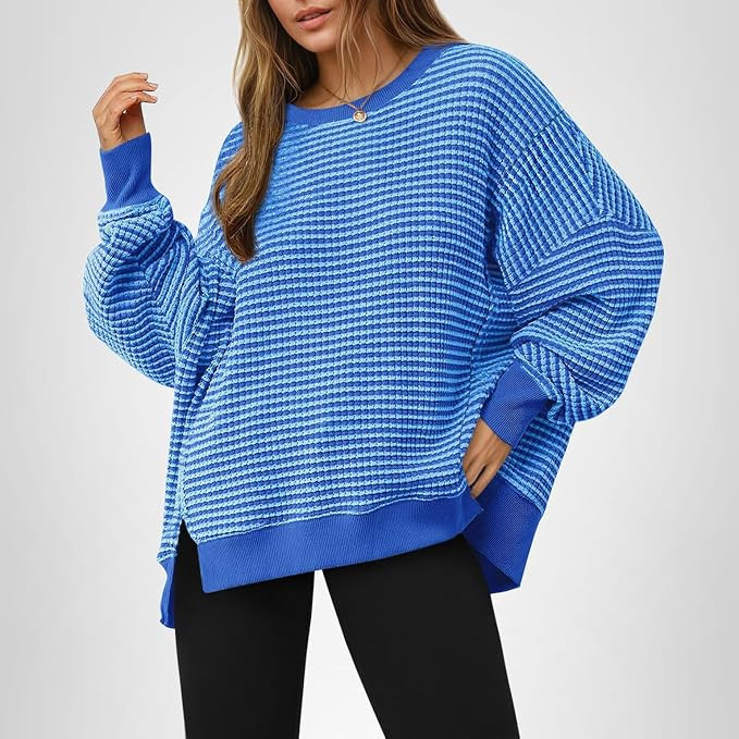 Fisoew Women's Fall Oversized Sweatshirt Casual Waffle Knit Long Sleeve Crewneck Split Pullover T... | Amazon (US)