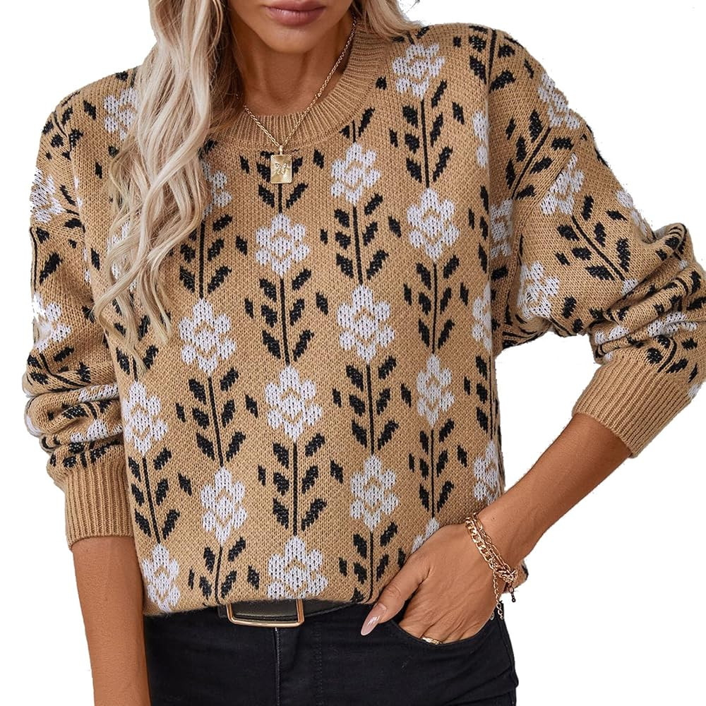 Womens Trendy Floral Sweaters Flower Printed Crewneck Knit Sweater Cute Loose Long Sleeve Fashion... | Amazon (US)