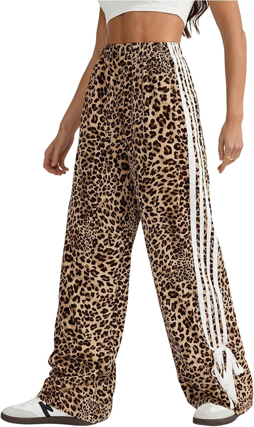 Floerns Women's Y2K Bow Striped Leopard Print Wide Leg Pants | Amazon (US)