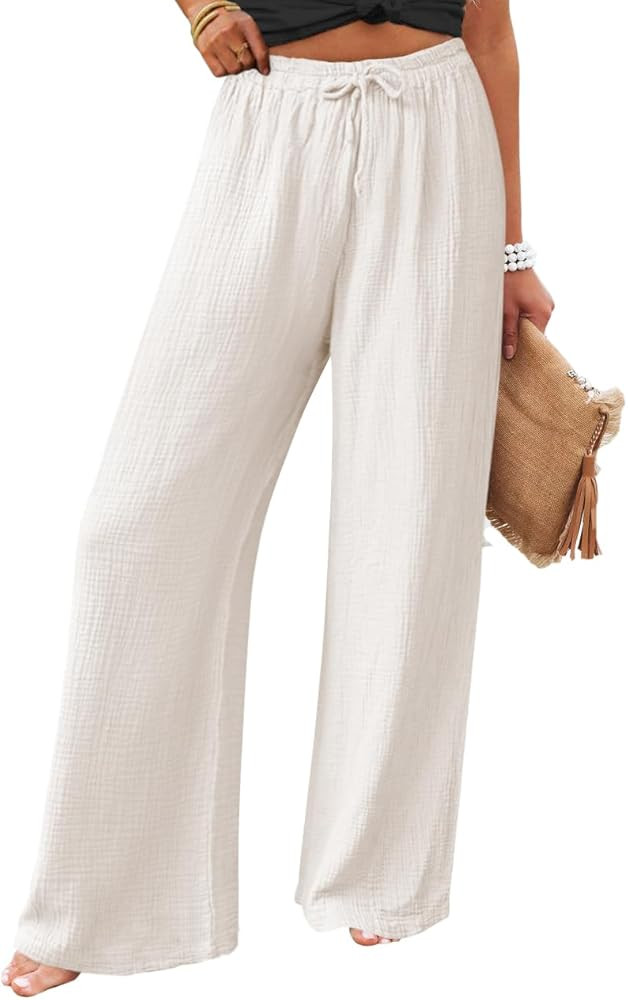 miduo Womens Cotton Drawstring Elastic High Waist Palazzo Pants Wide Leg Pants Casual Lounge Pant... | Amazon (US)
