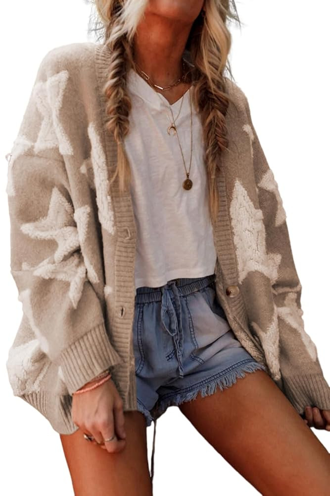 KevaMolly Womens Cardigan Sweater Sherpa Star Pattern Textured Sweater Cardigan with Pockets Casu... | Amazon (US)