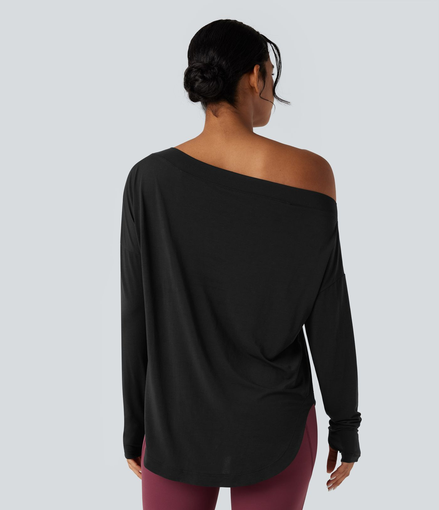 Women’s One Shoulder Long Sleeve Thumb Hole Curved Hem High Low Quick Dry Yoga Sports Top-Built... | HALARA