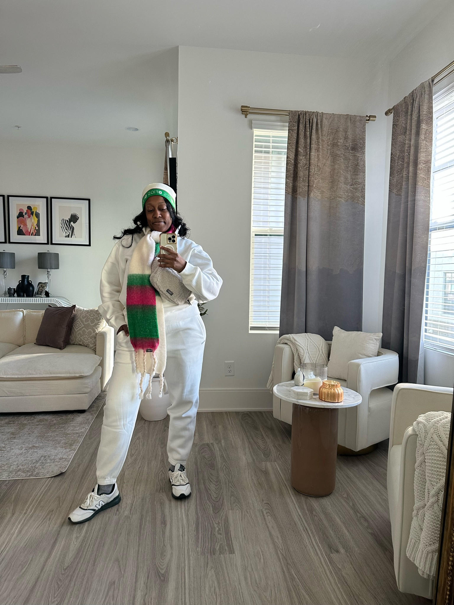 Figs loungewear
Pink and green scarf, mittens, and hat 