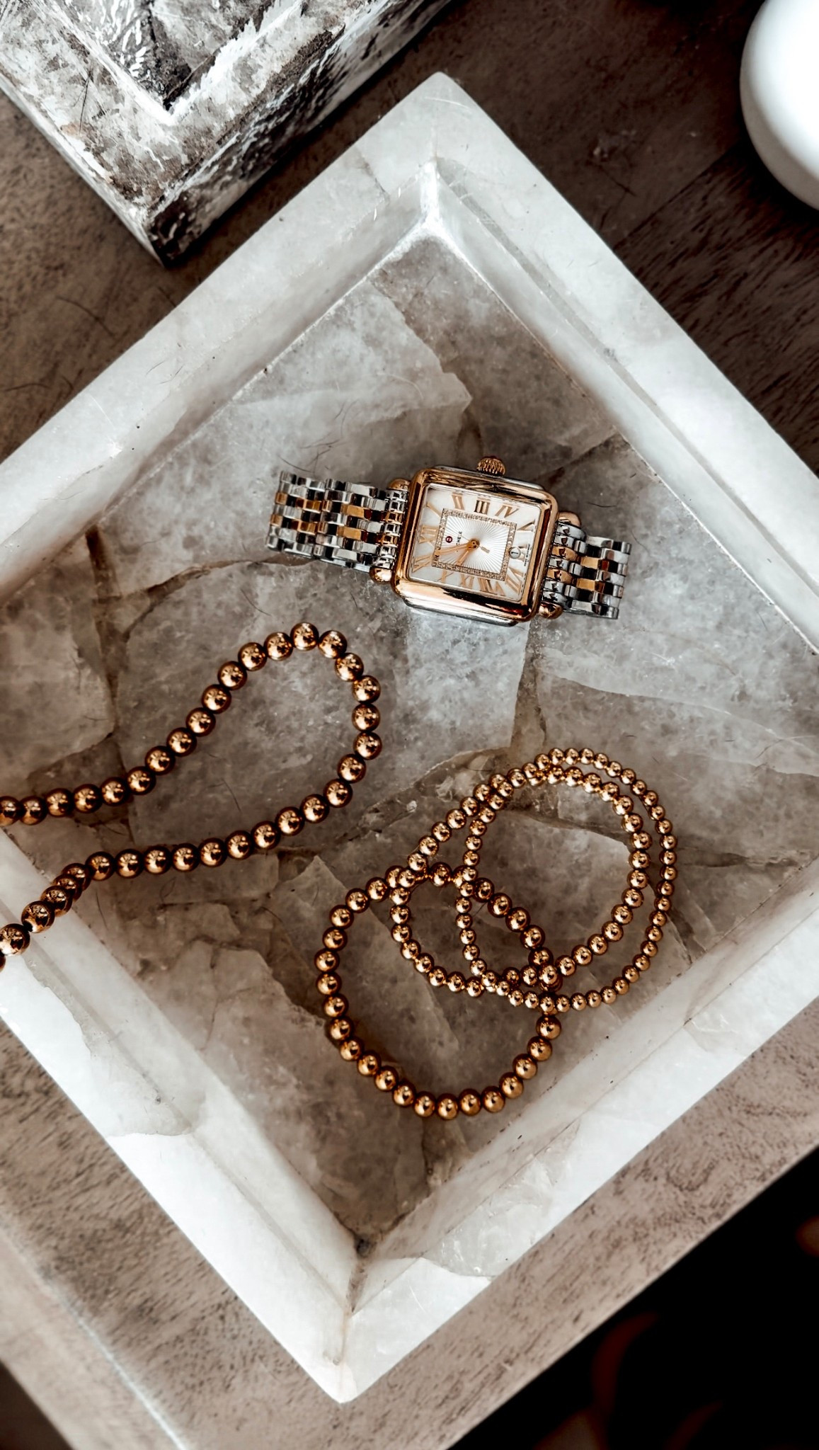 What’s on my Nightstand:
Quartz Catchall
Gifts for her
Gold Beaded Necklace & Bracelets. 
Jewelry Watches

#LTKGiftGuide #LTKStyleTip #LTKBeauty