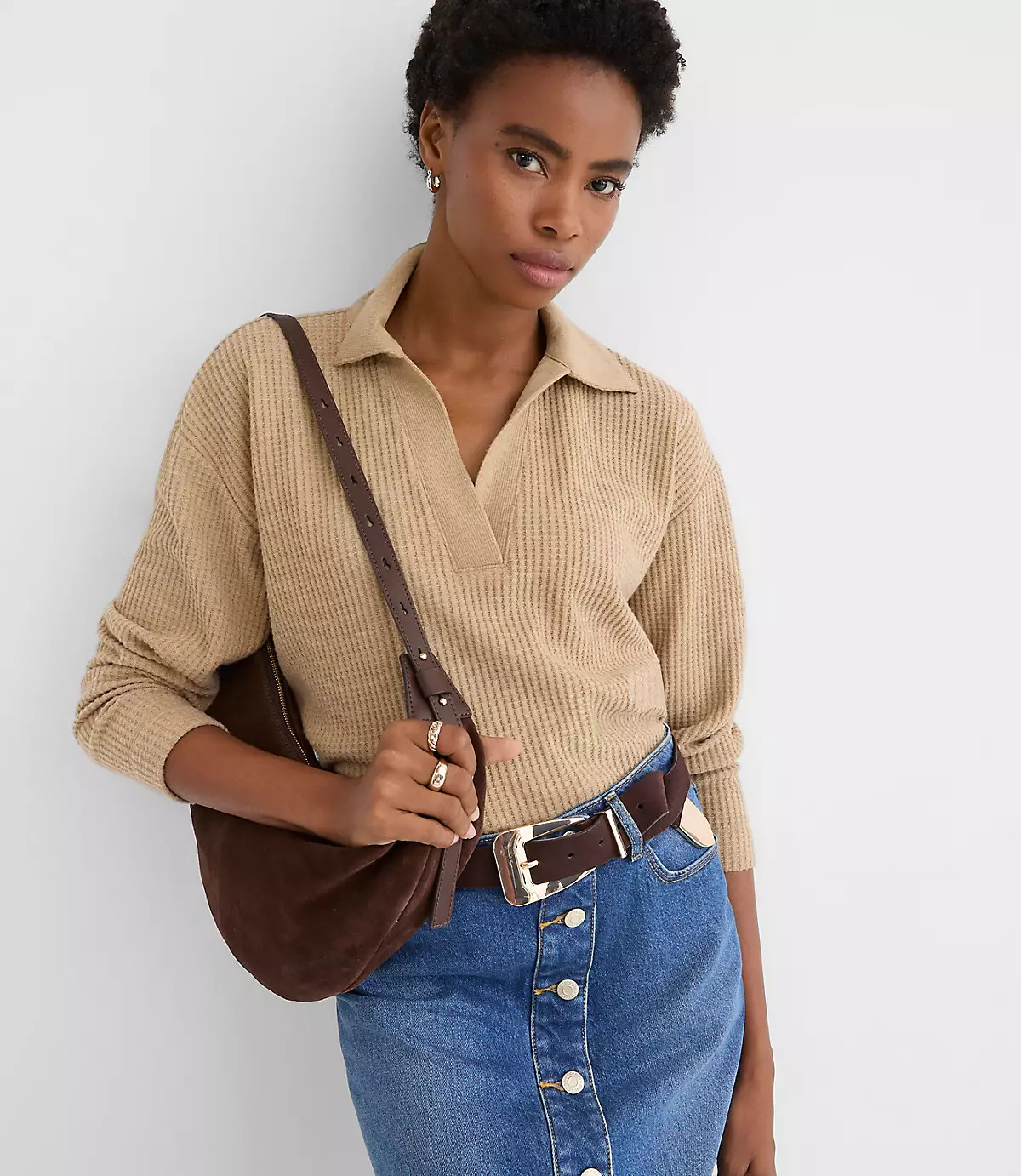 Melange Waffle Collared V-Neck Top | LOFT