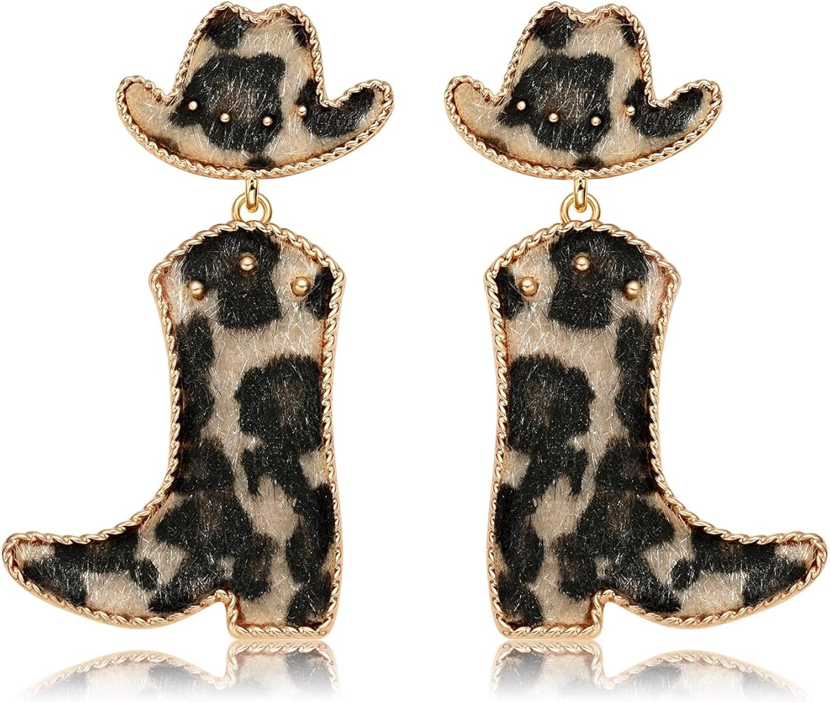 Western Boots Hat Dangle Earrings Western Leopard Print Brown Cactus Earrings Cowboy Cowgirl West... | Amazon (US)